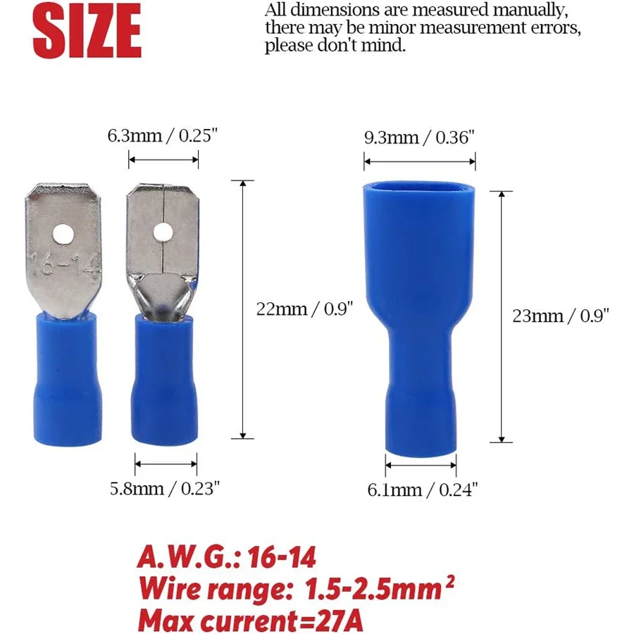 100Pcs 6.3mm Blue Insulated Spade Terminals – Male & Female Crimp Connectors for 14-16 AWG Wire, Electrical Wiring Kit
