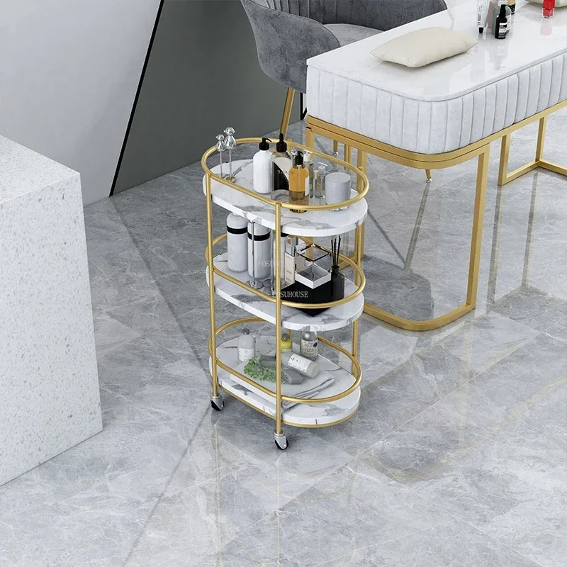 Nordic Iron Marble Pattern Salon Trolleys Beauty Salon Tool Carts With Wheels Nail Professional Storage Shelf Home Snack Cart