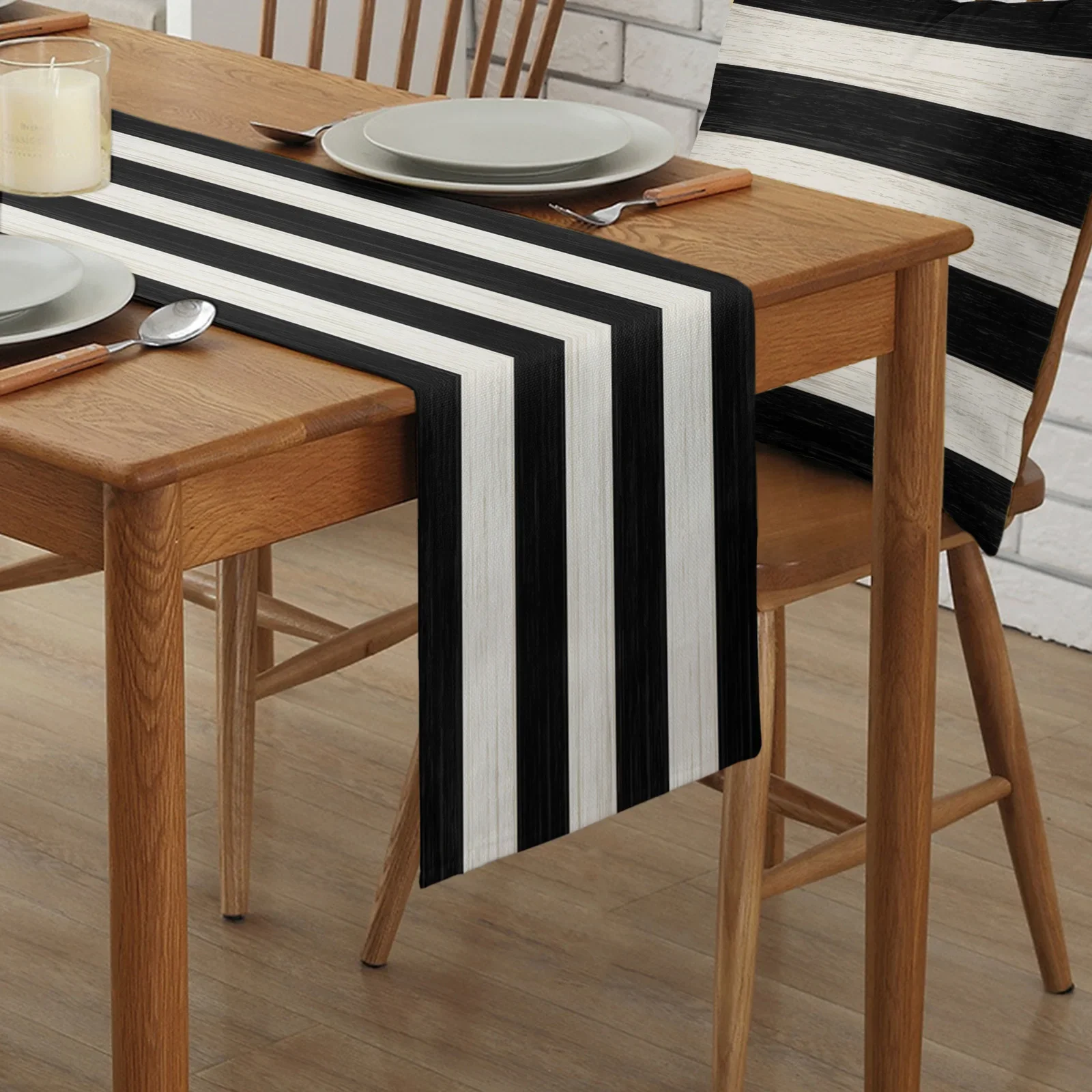 

Wood Grain Black And White Stripe Table Runner Home Wedding Table Flag Mat Centerpieces Decoration Party Dining Long Tablecloth