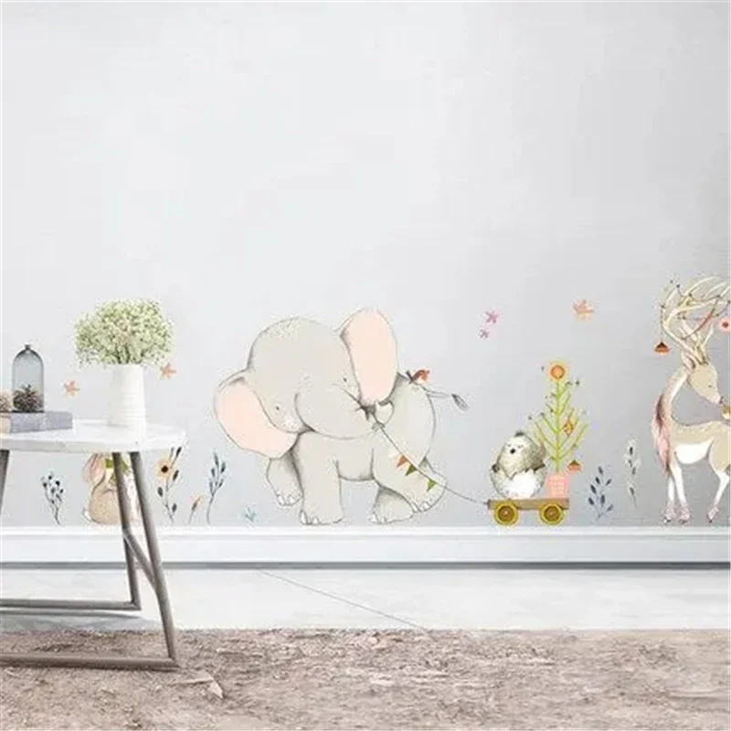 Happy Little Elephant Pulling Car Wall Decal Sika Deer Decoration Living Room Background Wall Cartoon Decal 30x90cm