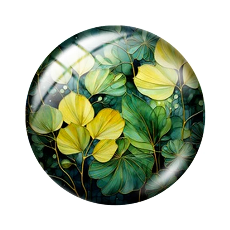 10pcs Watercolor Green Plants Round Glass Cabochons – Assorted Sizes