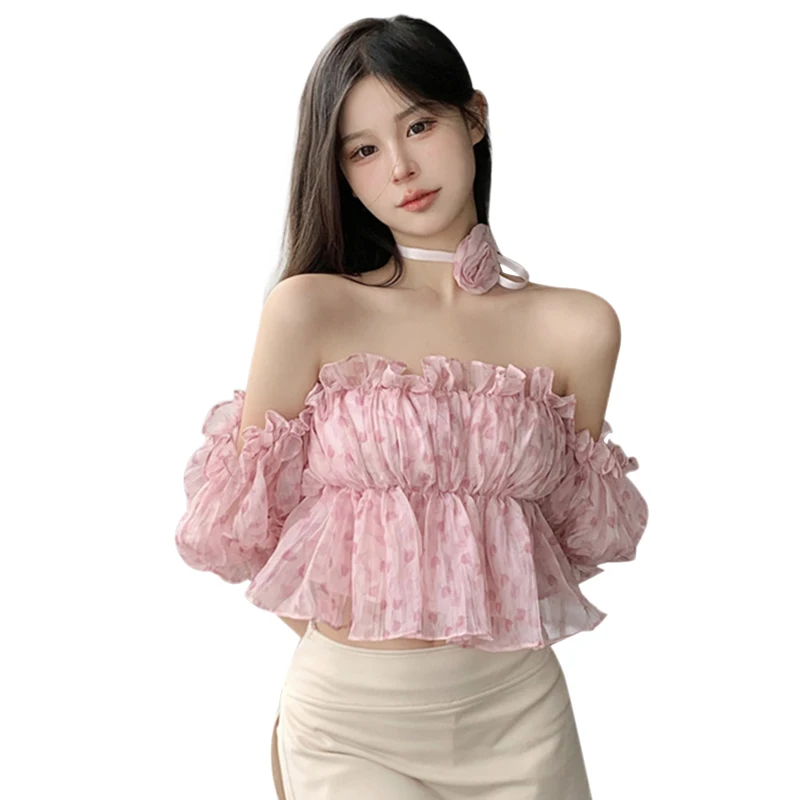 

Women's Shirt Flower Print Korean Version Off Shoulder Slim Sweet Puff Short Sleeve Blouse