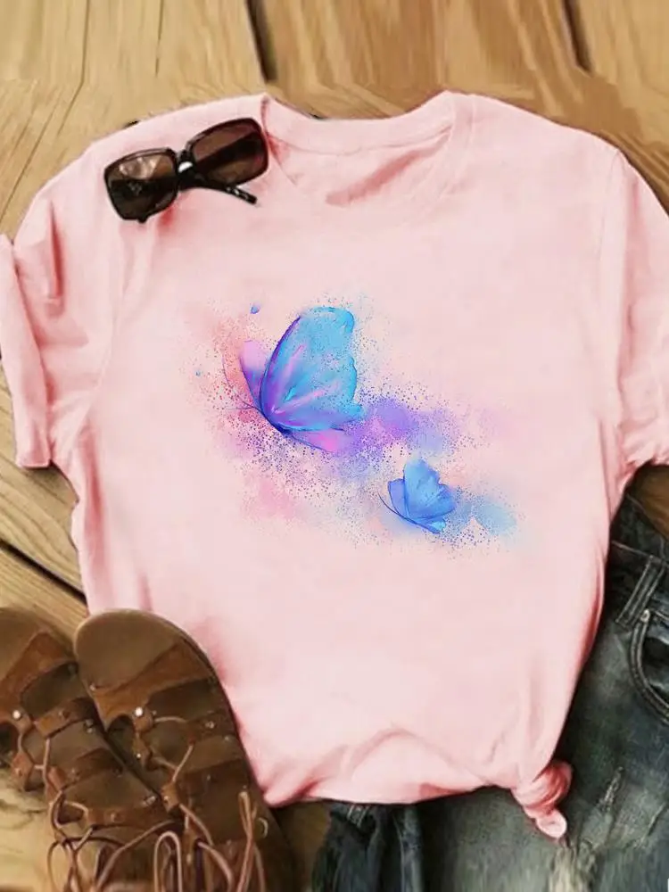 

Watercolor Butterfly Sweet 90s Clothing Female Tee Summer Fashion Short Sleeve Printed Clothes Women Casual T Graphic T-shirts