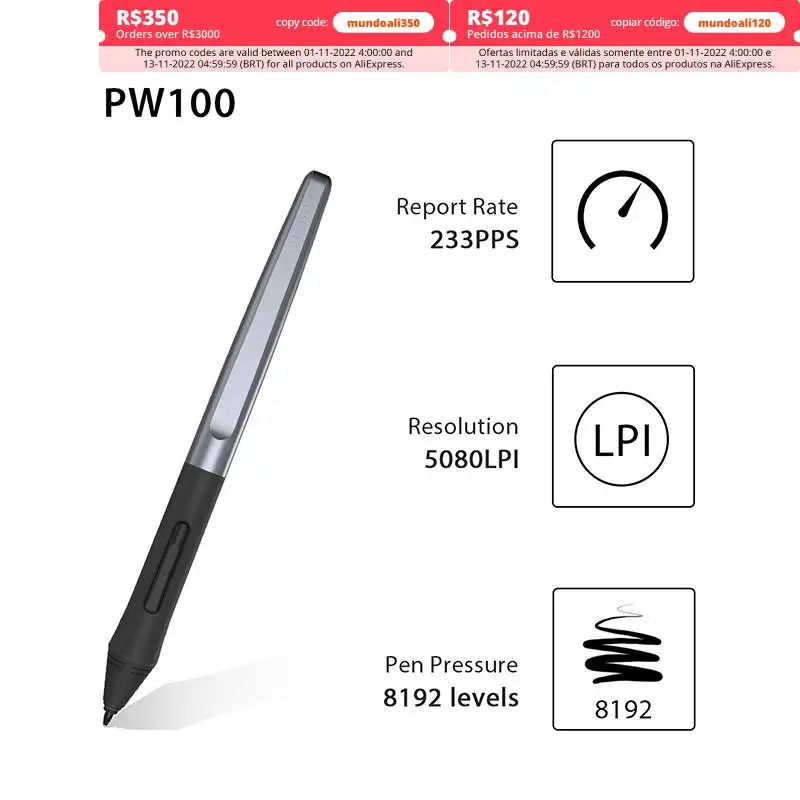 Huion-caneta sem Bateria H640p H950p H1060p H610pro V2-pw100