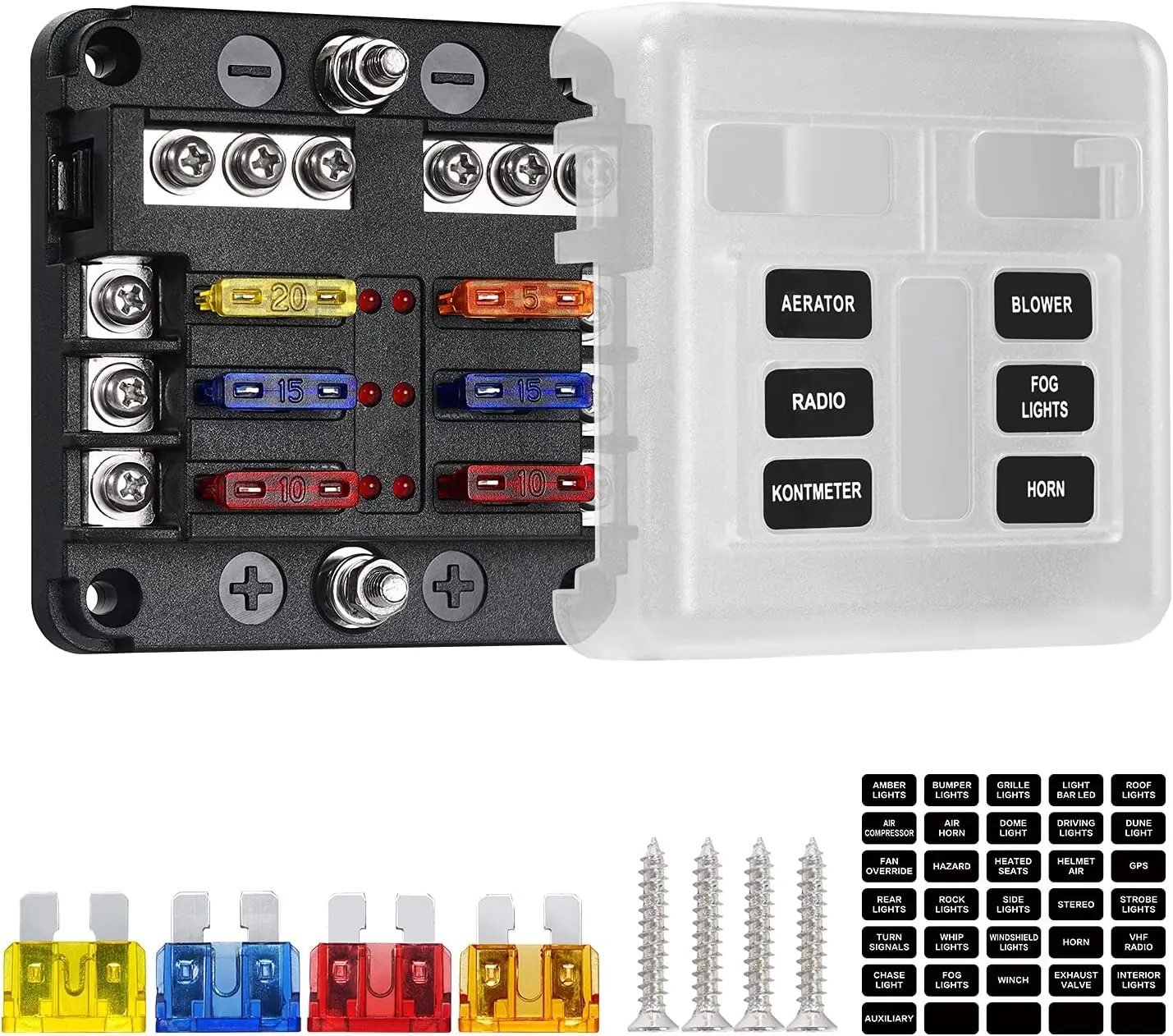 

12V fuse block waterproof boat fuse panel with LED warning indicator moisture-proof cover 6 circuits with negative bus fuse box