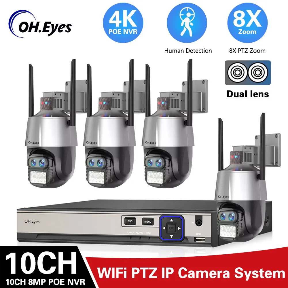 

8MP Wireless Video Surveillance Kit 4K NVR CCTV IP Camera WiFi Mini Security System H.265 Plug&Play for Home PTZ Cam 10CH ICsee