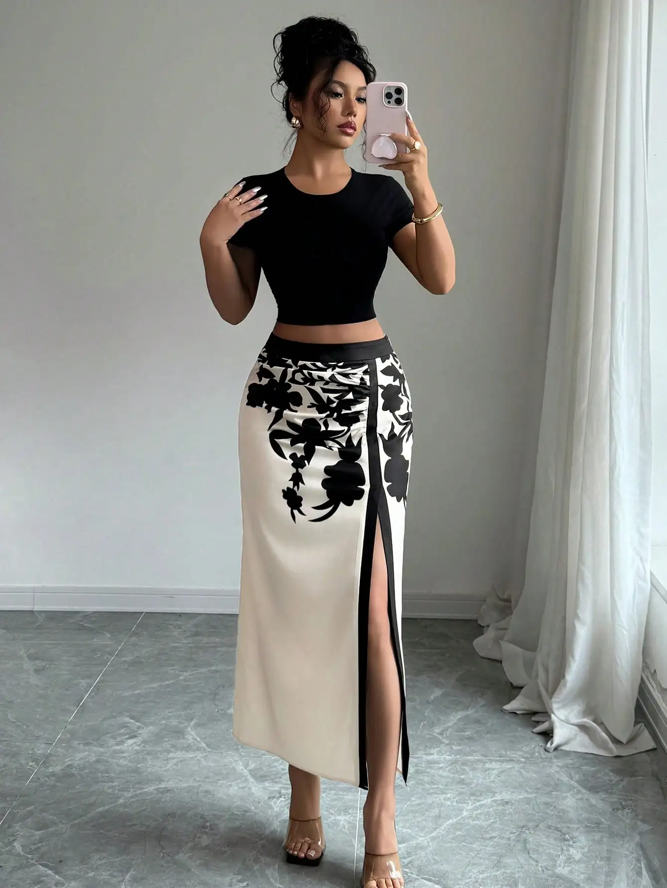 Women's Black Floral Print Midi Skirt 2026 Ruched High Slit Casual Summer Skirt 5
