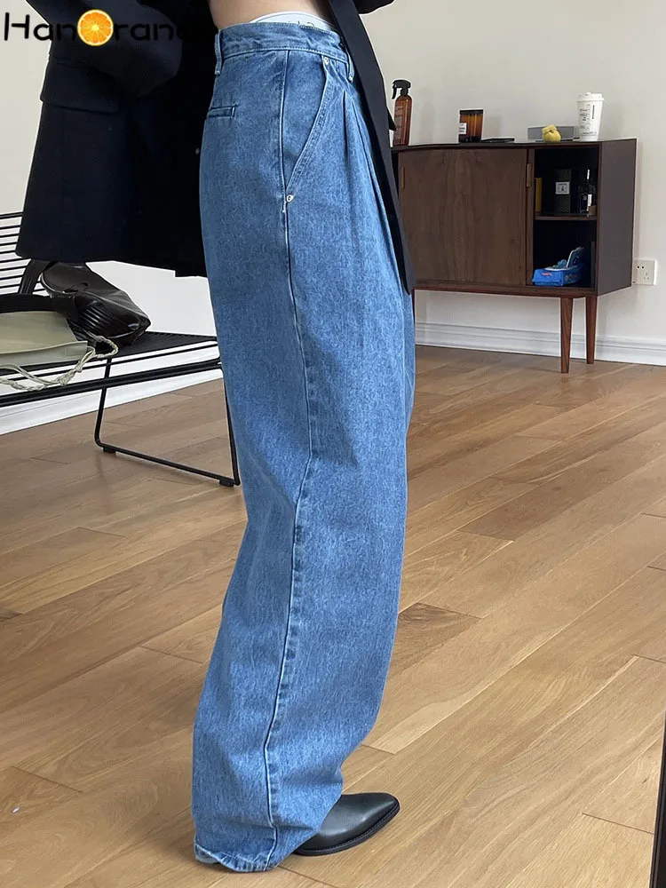 HanOrange 2024 Spring Fashion Wide Leg Jeans for Women High Waist Pants Loose Casual Cotton Denim Trousers Female Clothing