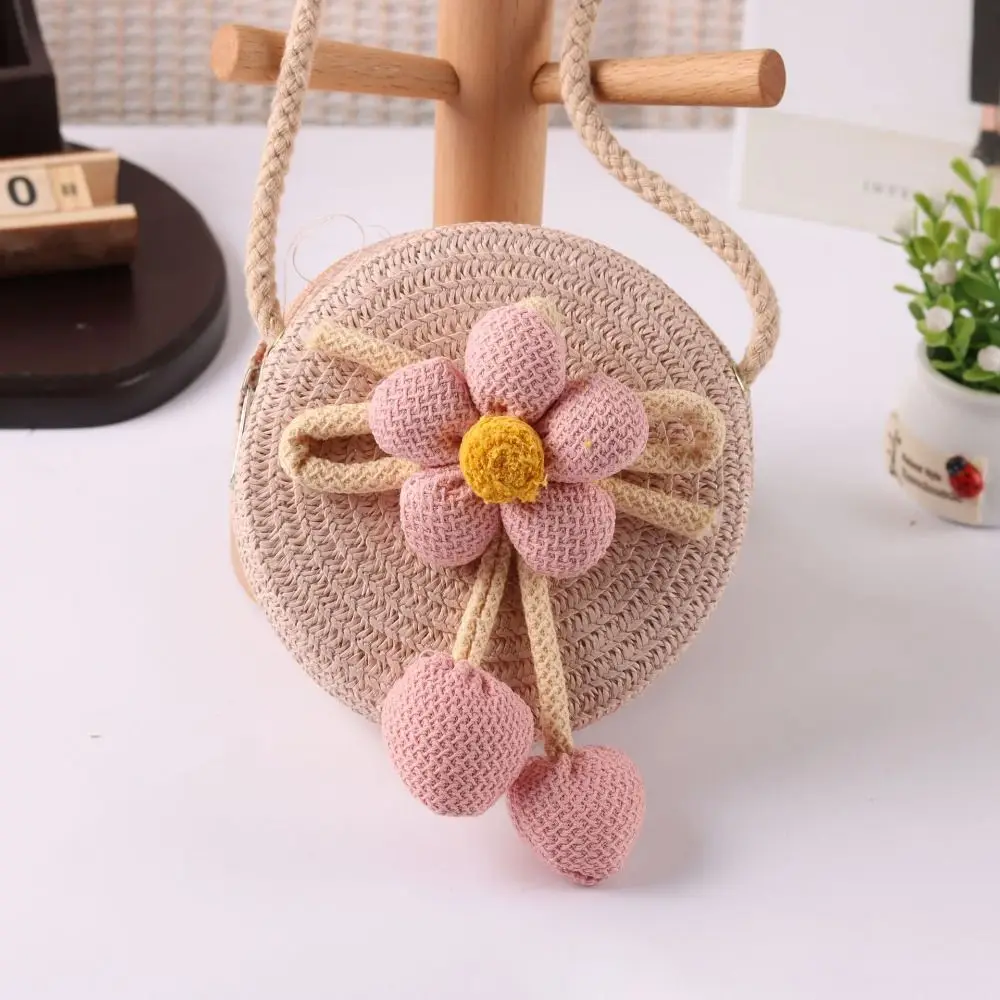 Lässige handgefertigte gewebte Strohtasche in Blumenform mit Reißverschluss, Aufbewahrungskorb, einfarbige Umhängetasche für Kinder – Detail 5