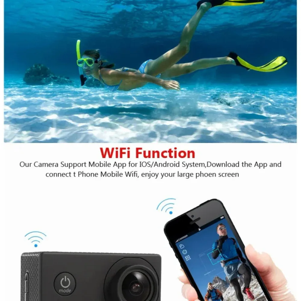 4K 울트라 HD 액션 카메라 Wifi 900mAh 방수 케이스 야외 스포츠 헬멧 비디오 녹화 카메라 2.0 HD 화면