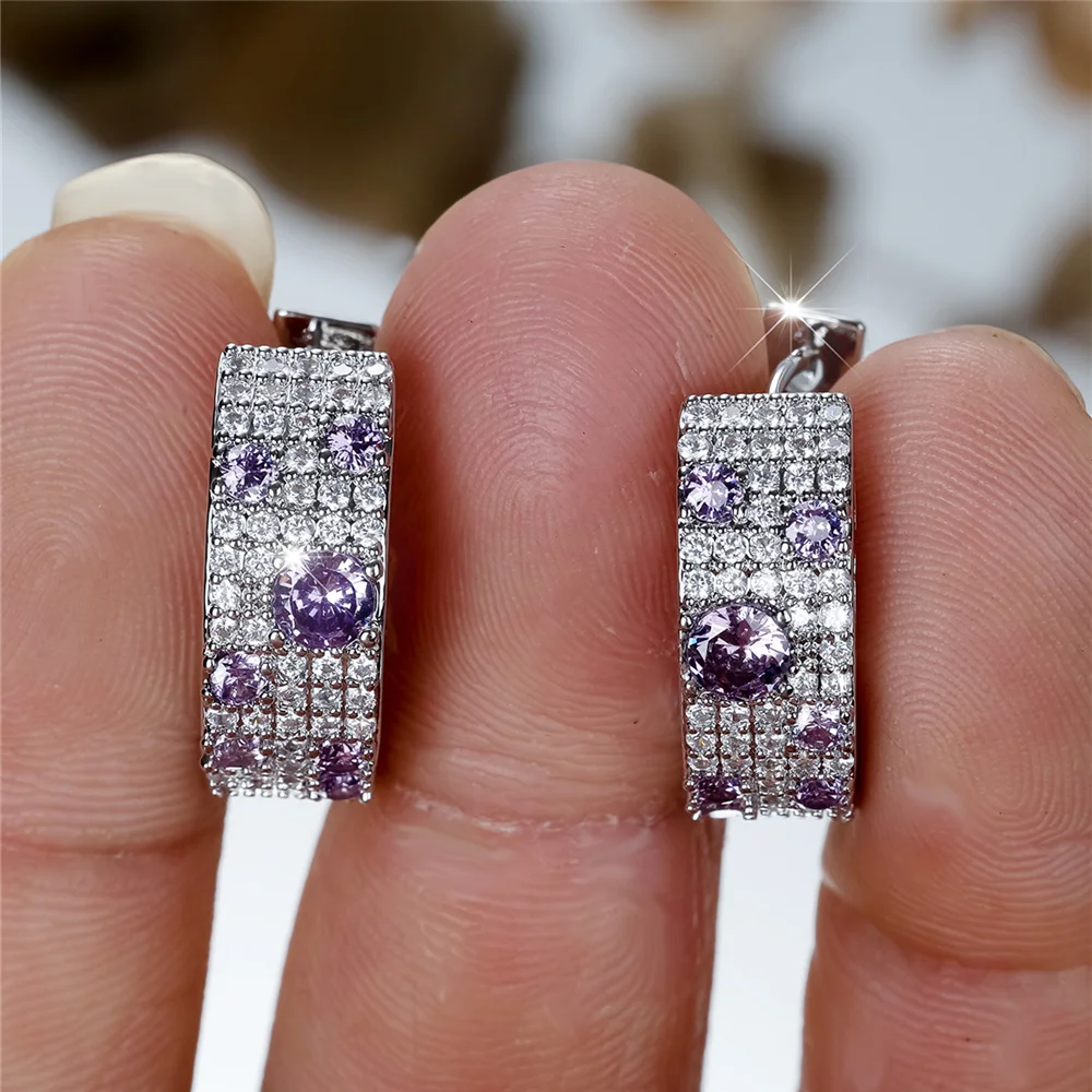 Cute Female White Purple Zircon Round Hoop Earrings Vintage Gold Color Simple Wedding Jewelry For Women