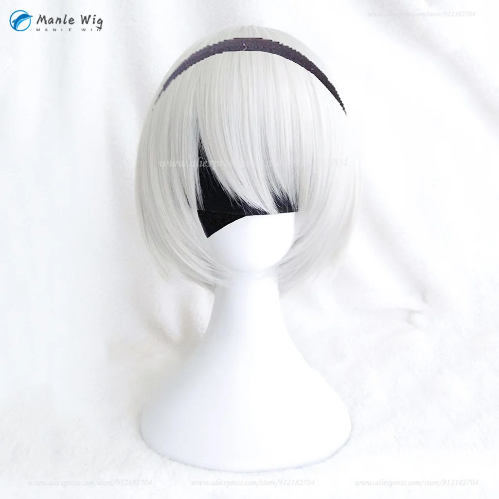 Hoge Kwaliteit Anime 2b Cosplay Pruik 33Cm Kort Zilver Wit Yorha No.2 Type B Pruiken Hittebestendig Haar Halloween Pruiken + Pruik Cap