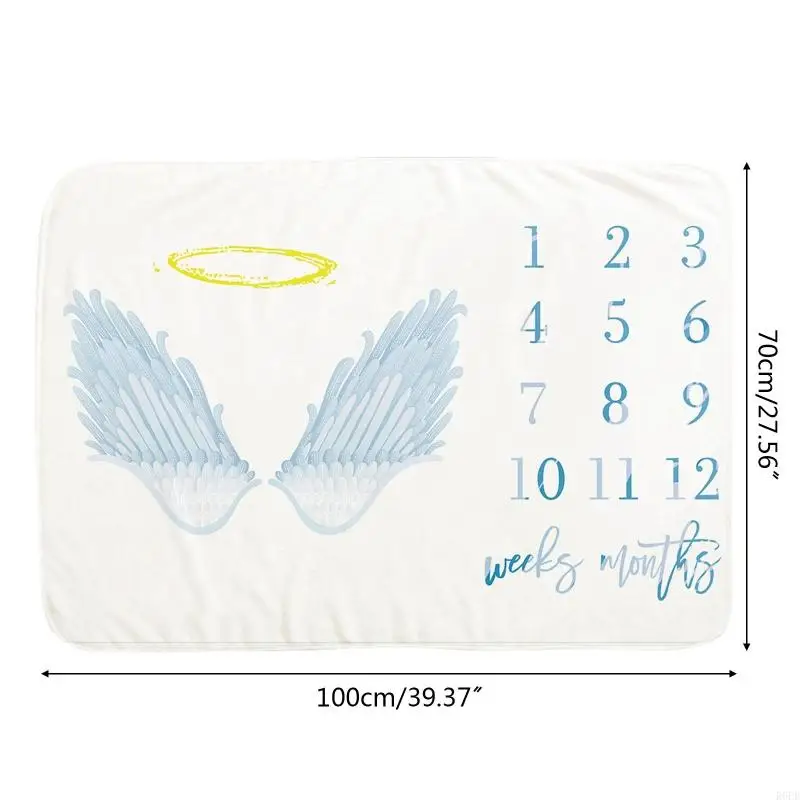 R6FD Baby Month Milestone Blanket Monthly Record Growth Blanket Newborn Soft Flannel Angel Wing Printed Photography 6