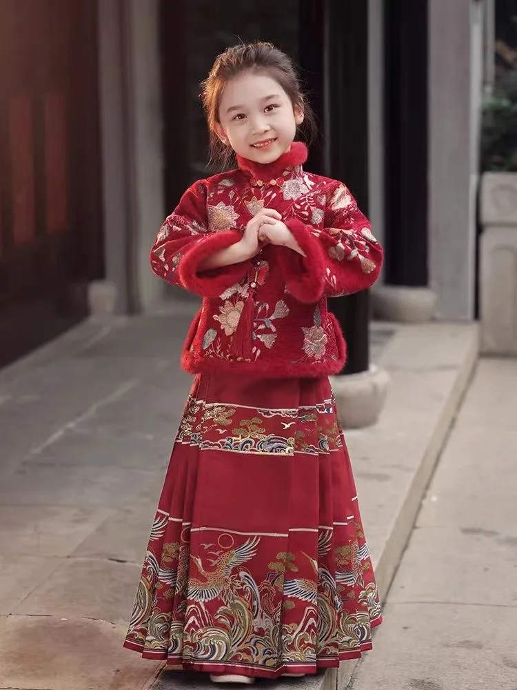 

2Pcs Girls Red Chinese New Year Clothing Winter Tang Suit Horse Face Skirts Cheongsam Dress Ancient Princess Hanfu Costume Kids
