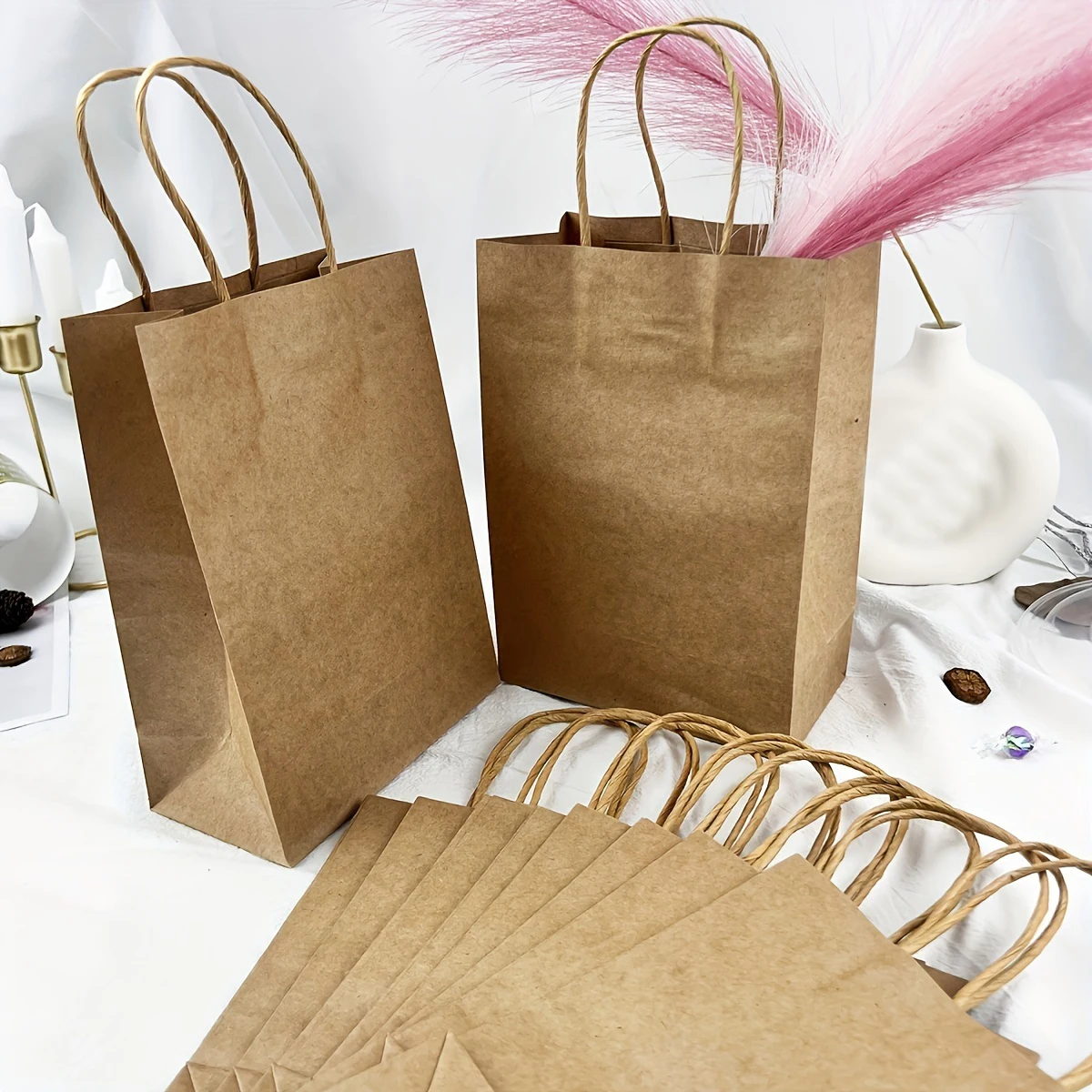 10pcs-Solid color gift bags with handles, kraft paper bags, gift candy bags, suitable for gift packaging, wedding grocery bags