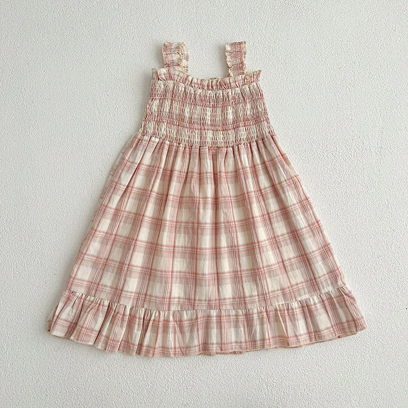 Girls Sister Dress Clothes Summer Sweet Newborn Baby Girls Pink Grid Jumpsuit Toddler Girls Short Sleeves Kids Princess Dress 2