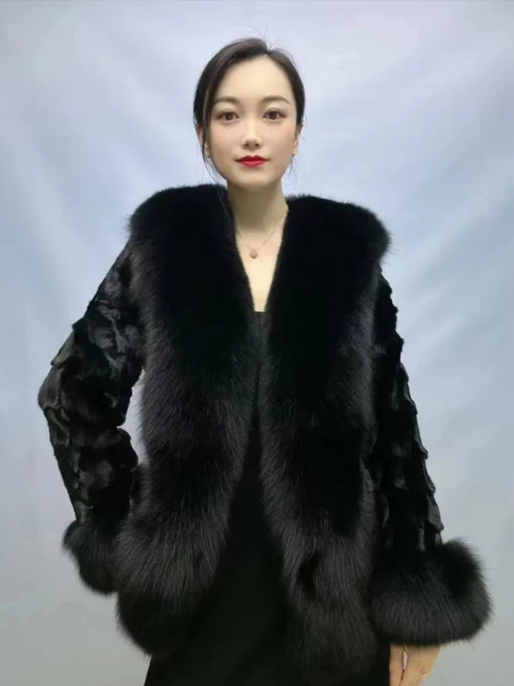 2023 여성용 진짜 밍크 모피 겉옷, 빅 칼라 코트, 따뜻한 중간 길이 가디건, 오버코트, 고품질, 럭셔리, 겨울, 신상 패션