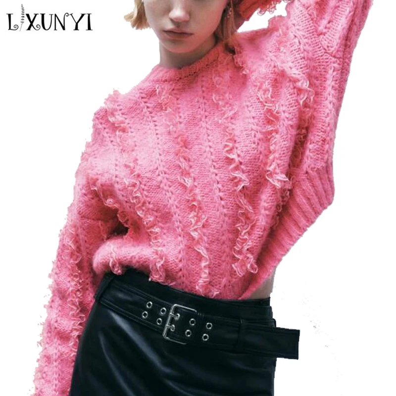 

LXUNYI Autumn Winter New Sweet Sweater Women O Neck Long Sleeve Lace Patchwork Loose Pullover Knitted Tops Fashion Sweaters