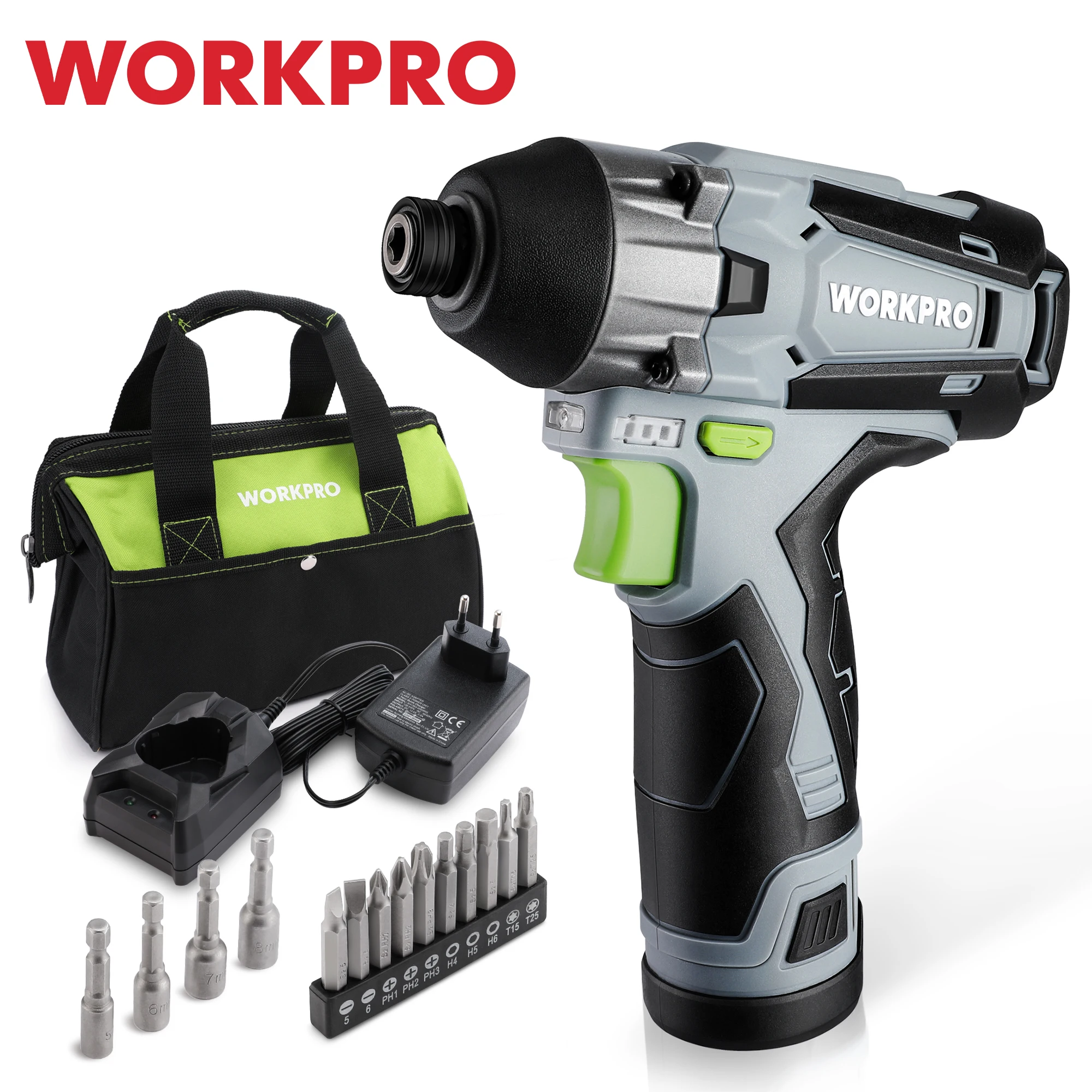 WORKPRO 12V Cordless Impact Driver Kit 1/4” Hex Electric Impact Drill/Driver Set 100NM Torque Electric Screwdriver fast charging