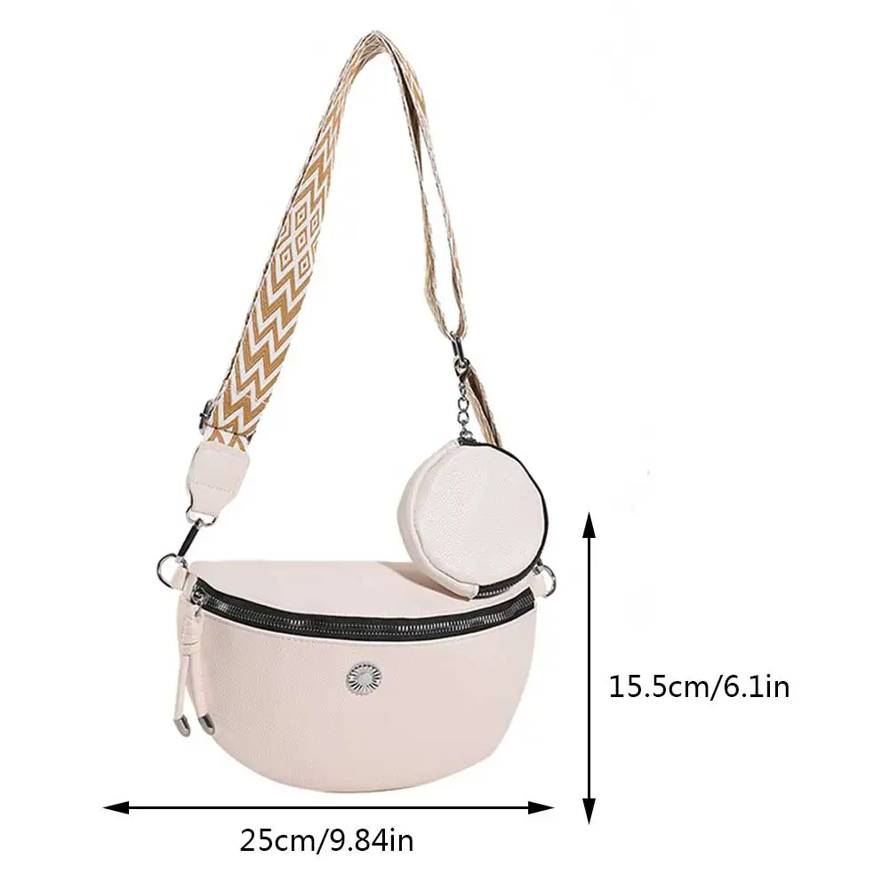 Ladies Fashion Wide Strap Handbag PU Leather Waterproof Commute Shoulder Chest Belt Bag Zipper Casual Adjustable Strap for Women