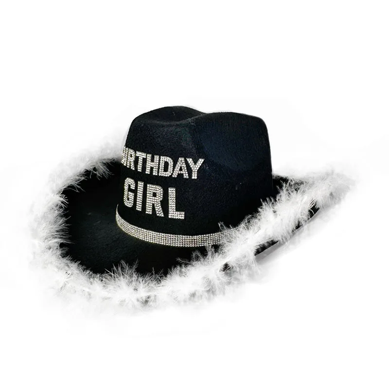 Birthday Girls Pink Raw Edge Furry Cowboy Hat White black Birthday crown Party Top hats Cute festival stage performance caps