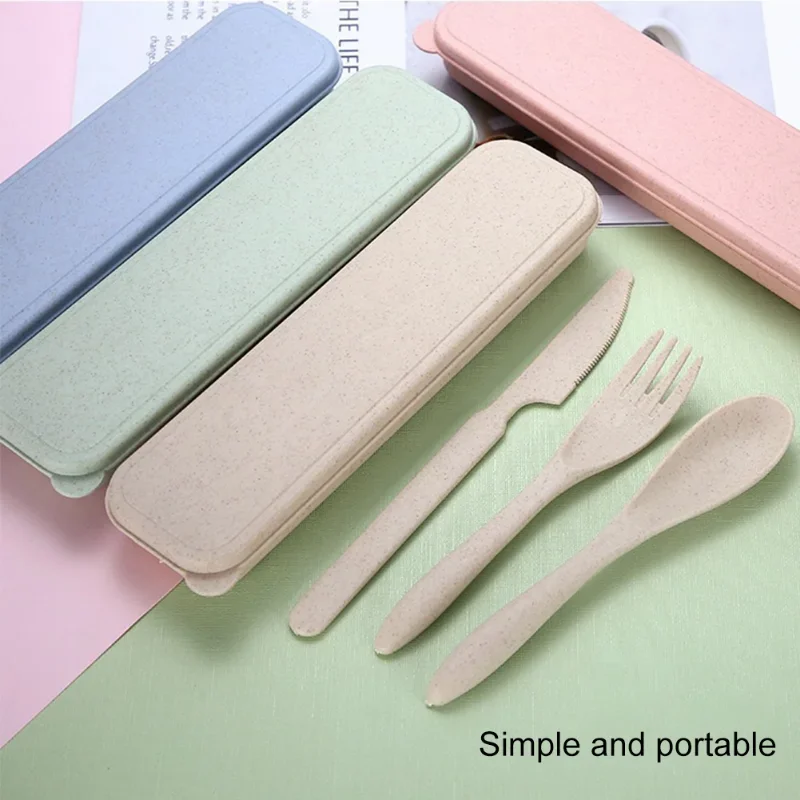 Wheat Straw Dinnerware Set Portable Tableware Knife Fork Spoon Chopsticks Set Travel Cutlery Reusable Camping Utensil Box