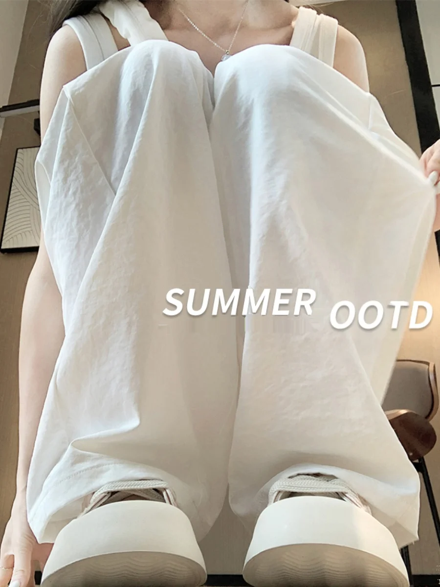 아이스 실크 화이트벨 와이드 레그 팬츠 여성 여름 얇은 스타일 2024 새로운 하이 웨이스트 드레이프 루즈 피트 빠른 드라이 스포츠 나이프 바지 