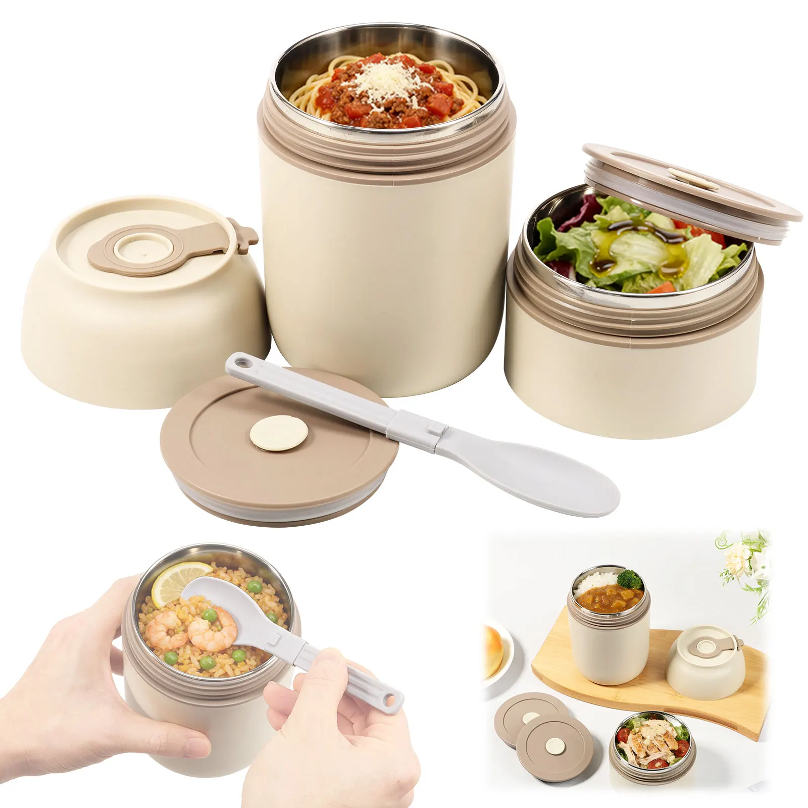 보온 도시락 용기 780ml 접이식 스테인리스 수저 세트 (어린이/성인용) 새지 않는 이중 챔버 시스템 도시락