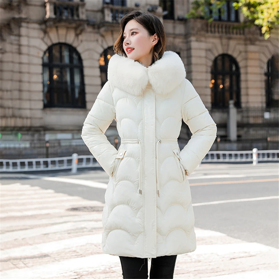 Faux Fur Collar Mid-length Winter Hooded Slim Coat Women Warm Thicken Down  Cotton Overcoat Casual Korean Windbreaker Snow Jacket
