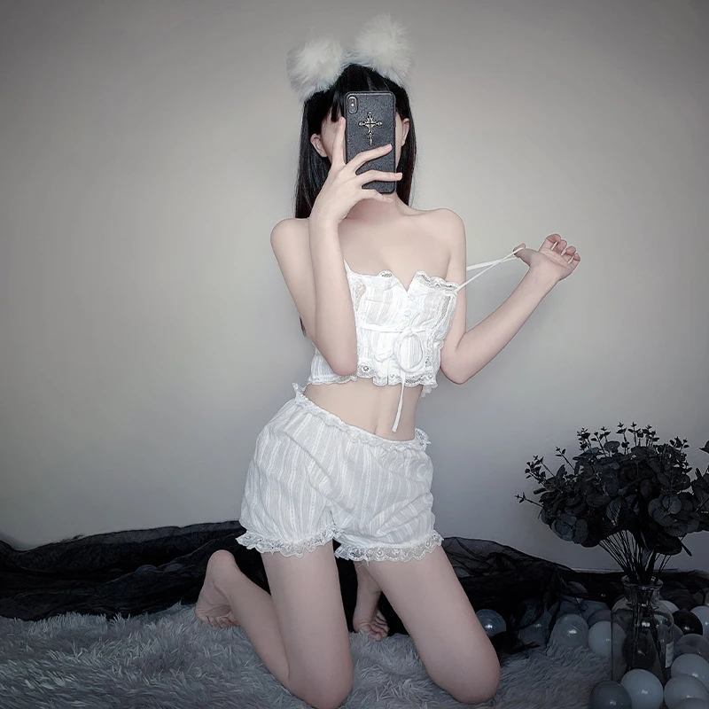 Y2K Ruffle Mini Skirt Set White Spaghetti Strap Tops and Low Waist Skirt Outfits Women Summer Sexy Club Party Two Piece Set