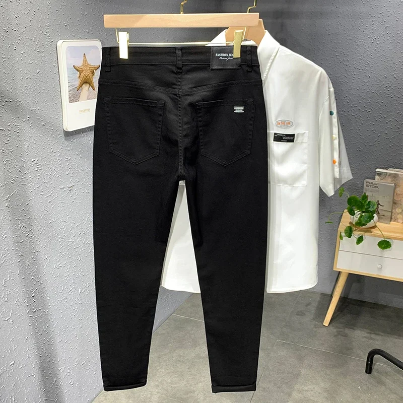 2024 Spring and Autumn New Men's Street Casual Fashion Jeans Straight Stretch Slim Fit Casual Denim Trousers Male Black White 2