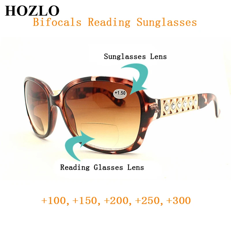 

Women Bifocals Reading Glasses magnifier Female Look Near Far Gradient Lens Presbyopic Sunglasses Big Frame Diamond Hollow Legs