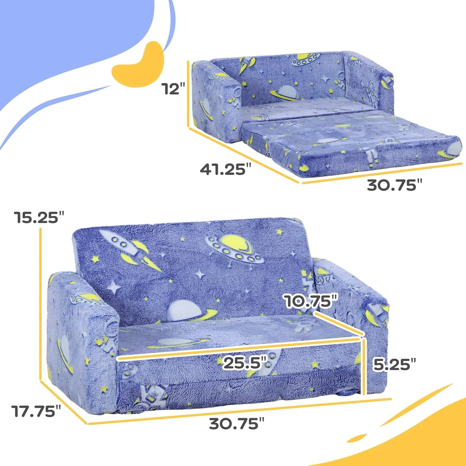 2 in 1 Kids Sofa Chair, Toddler Couch with Glow in The Dark Cosmic Patten, Washable Cover 3