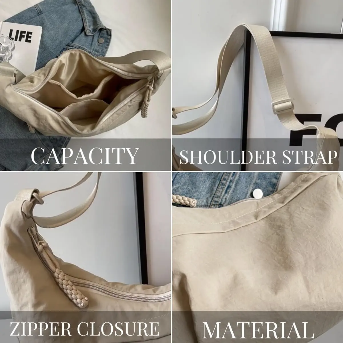 Women's Fashion Plain Colour Crossbody Hobo Bag Simple Design Women's Messenger Bag Nylon Hobos Small Shoulder Bags Vintage