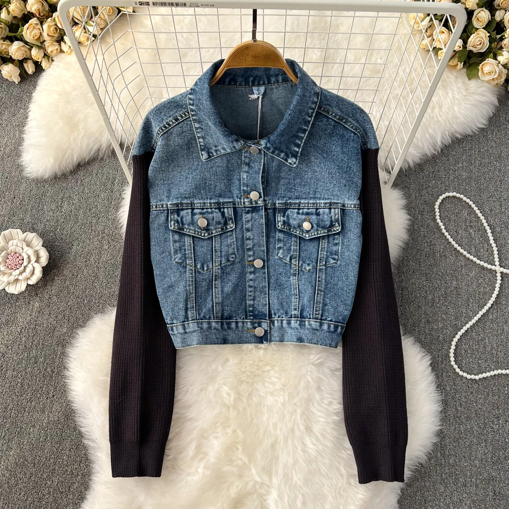

Retro Distressed Sweater Stitching Denim Jacket Women's Autumn and Winter Korean Version High Short Jacket Top