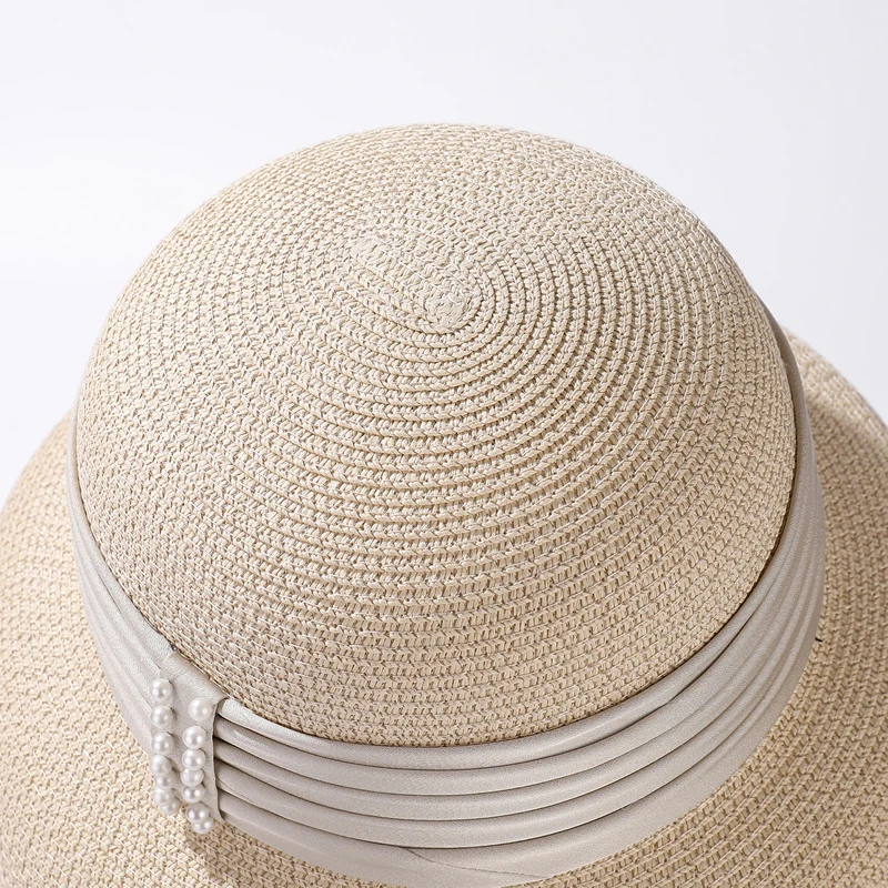 Straw Hat for Women Sunscreen Holiday Travel Beach Cap Retro Hepburn French Style Bucket Hat Pearl Decoration Fisherman Sun