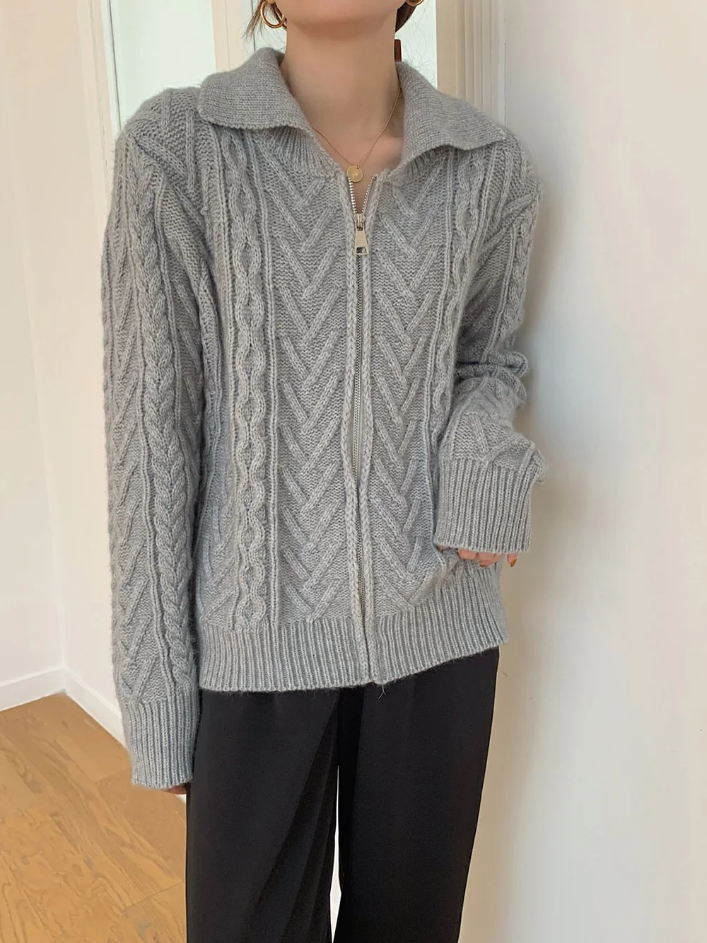 pullover sweater Croysier Zipper Cardigan Winter Women Long Sleeve Top Polo Collar Twisted Knitted Sweater Casual Solid Loose Sweaters Cardigans Sweaters