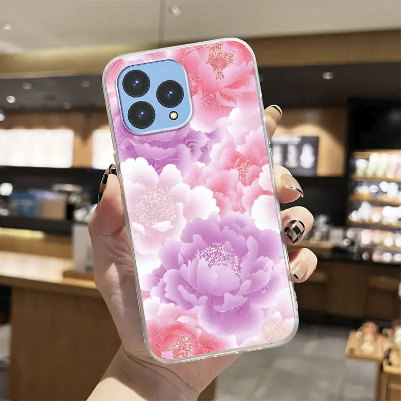 Luxury Transparent Shockproof Silicone Phone Case with Marble Flower Design