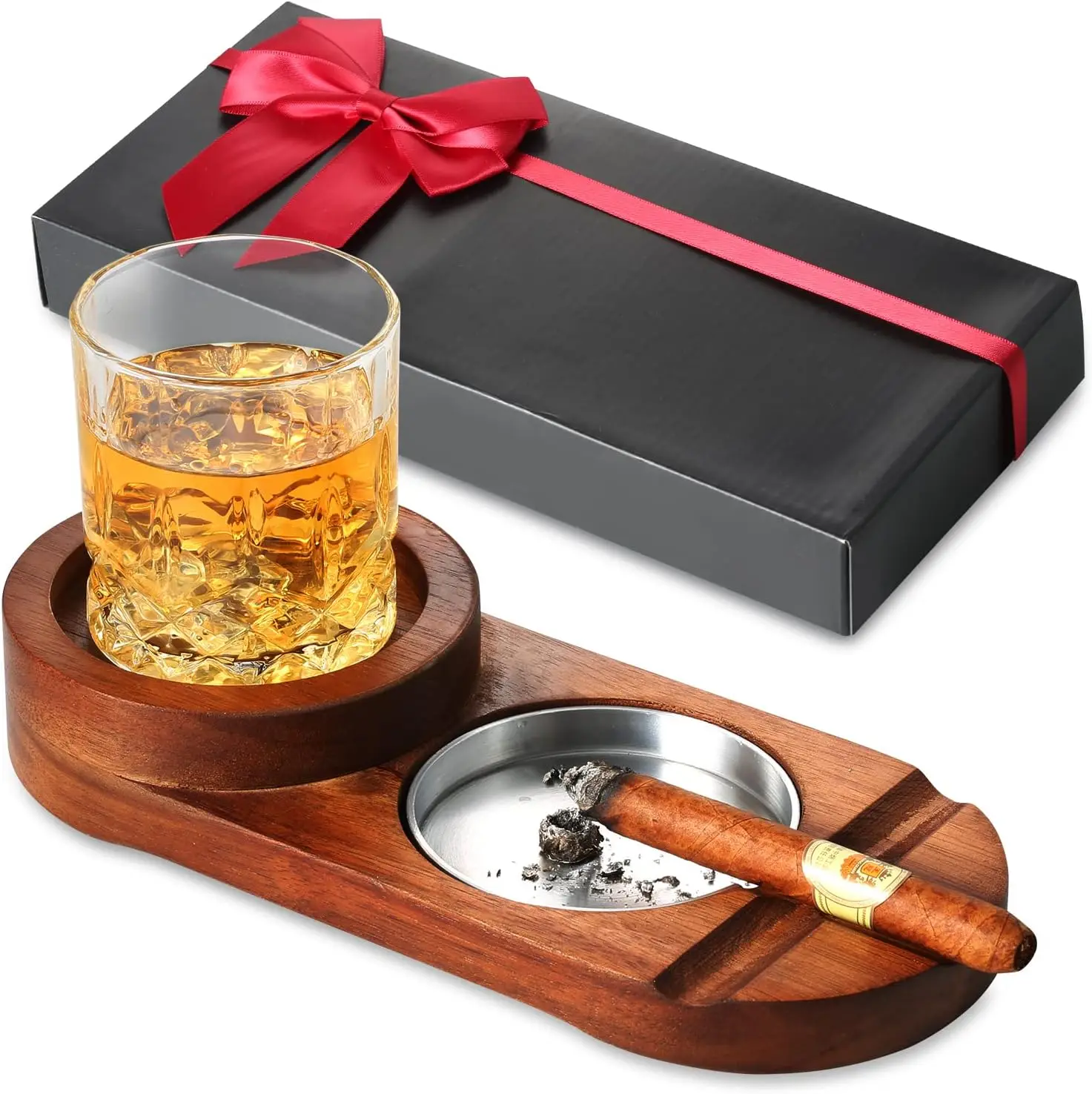 

Cigar Ashtrays Wooden Ash Tray Gift Box Set for Men Cigarette Ashtray Glass Tray Whiskey Cigar Holder for Outside Patio Home Car