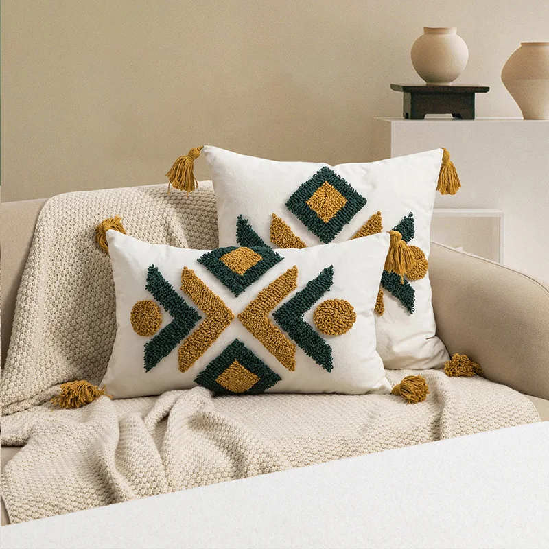 

Bohemian Cotton Canvas Throw Pillows Cover Moroccan Geometric Pillowcase Ring Velvet Tassel Living Room Sofa Chair Cushion Cover
