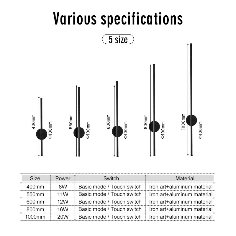 블랙 터치 스위치 디밍 LED 벽 램프 벽 조명 침실 거실 실내 8w 12w 16w 20w LED 벽 Sconce 복도