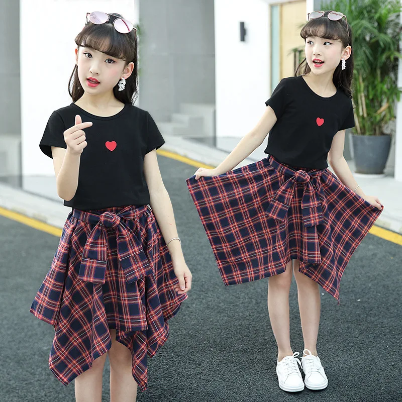 

Fashion Teenage Clothes for Girls Clothing Sets 2023 Summer Cotton Tshirt Plaid Skirt Shorts Kids Outfits Suit 2Pcs Children Set