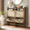 Large Rattan Shoe Storage Cabinet with 4 Flip Drawers & 2 Open Storages – Hidden Slim Shoe Organizer for Entryway, Large Tableto 1
