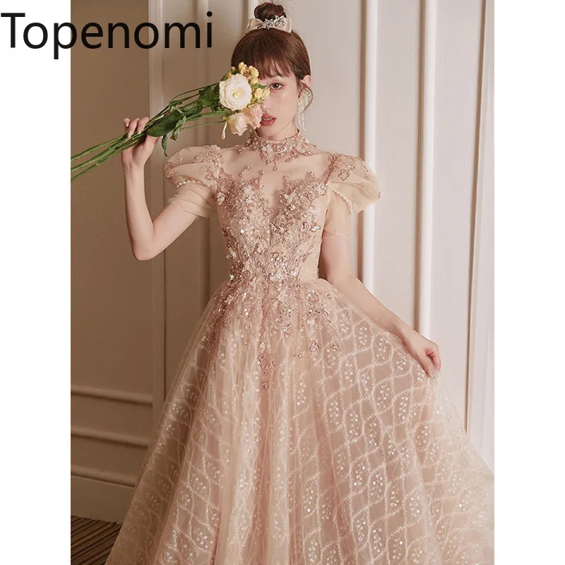 

Topenomi Bride Dress 2024 Summer Beading Sequins Appliques Puff Sleeve Waist Tulle Slim A-line Evening Dresses Formal Prom Gowns