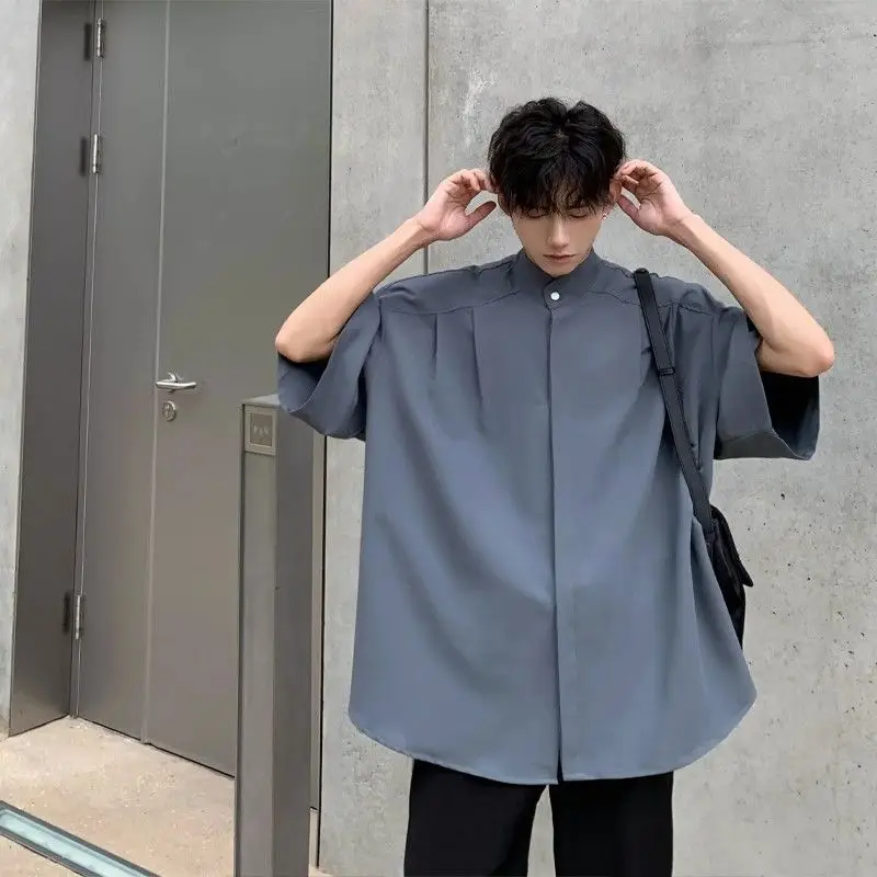 

New Chinese style handsome ice silk short sleeved shirt men summer trendy brand midriff collar shirt loose casual half sleeved