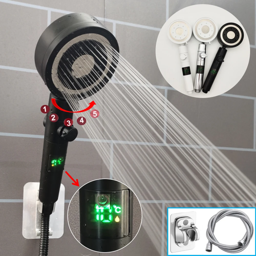 High Pressure Bath Shower Head 5 Modes Digital Display Temperature