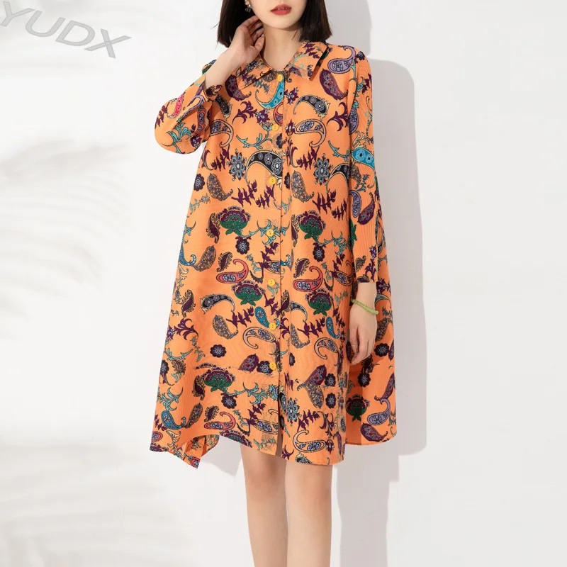 

Женское плиссированное платье миди, свободное однобортное платье миди с квадратным вырезом и принтом, осень 2023