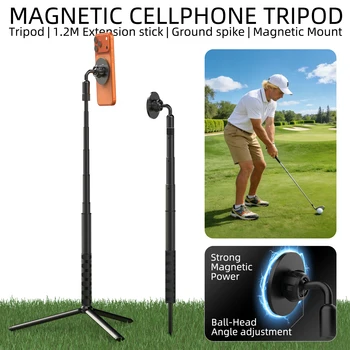 Treppiede Magnetico Telescopico per Golf, Bastone Selfie in Metallo con Magnete, Monopiede per Allenamento Golf, Registrazione Swing per iPhone Magsafe