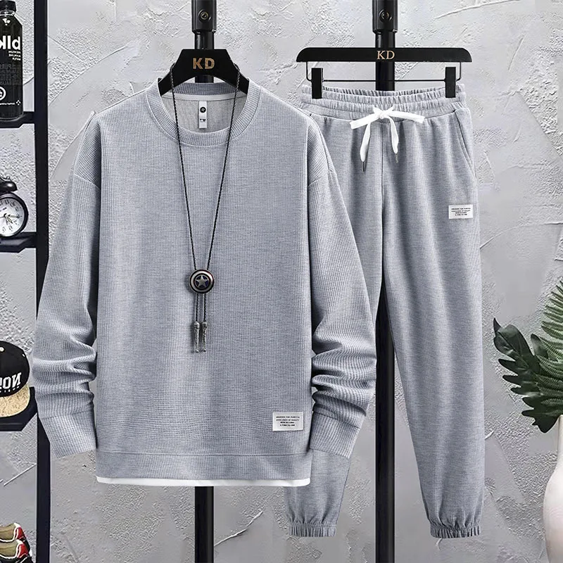 2024 New Men's Tracksuit 2 Piece Waffle Hoodie Sweatsuits Sets Athletic Jogging with Pocket Spring Autumn Casual Sports Suit