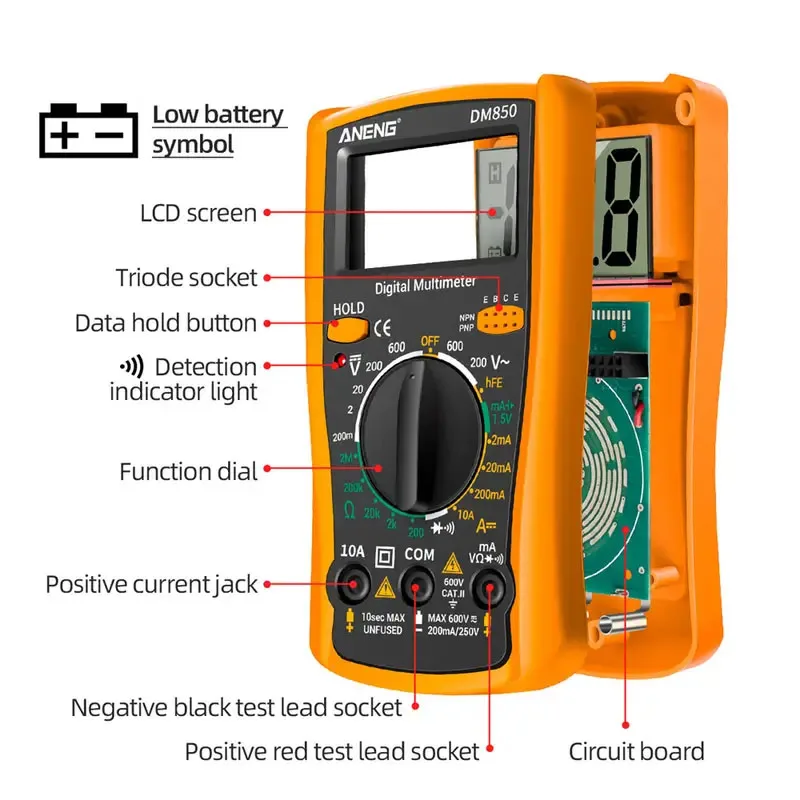 DM850 Professional Digital Multimeter 1999 Auto AC/DC Votage Tester Ohm Current Ammeter Test Probe Professional Detector Tool 5